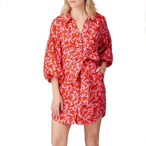 Veronica Beard Samy Red & Pink Poppy Floral Print Button Up Mini Shirt Dress 4 - Picture 1 of 12